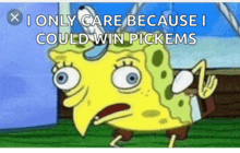 a cartoon of spongebob that says " i only care because i could win pickems "