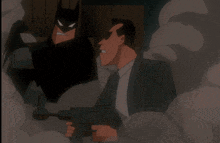 a cartoon character named batman is standing in a pile of smoke