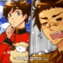 a picture of two anime characters with the words " do n't pmo " in the corner