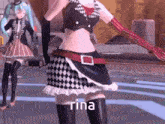 a video game character named rina is dancing in front of another character