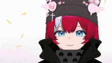a girl with red hair is wearing a black hat with a cross on it .