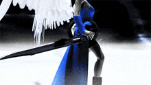a woman in a blue dress with white wings holds a sword