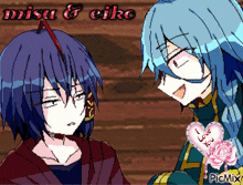 a pixel art of two anime characters with the words misu & eiko