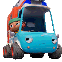 a cartoon character is driving a blue and orange toy truck