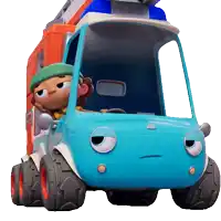 a cartoon character is driving a blue and orange toy truck
