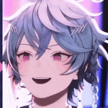 a close up of a person 's face with blue hair