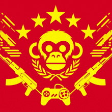 a yellow monkey is surrounded by two guns and a game controller