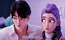 a boy and a girl are standing next to each other and the girl has purple hair
