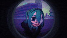 a cartoon drawing of a girl with a bandage on her eye and a purple background