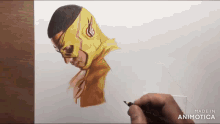 a person is drawing a superhero with a pencil