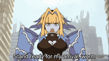 a cartoon of a monster says " stand ready for my arrival "
