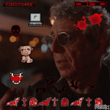 a man wearing sunglasses is surrounded by icons and a sign that says i bite on it