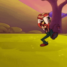 a cartoon character is doing a handstand on a grassy field .