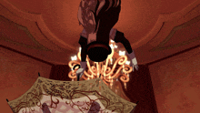 a woman in a top hat is holding an umbrella and looking up at a chandelier