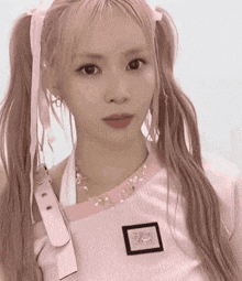 a close up of a girl with pigtails and a pink shirt .
