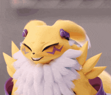 a yellow furry animal with purple eyes and a white feathered tail