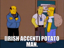 a cartoon of three men standing next to each other with the words lirish accenti potato man below them