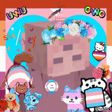 a picture of a skeleton with flowers on it and the words uwu and owo on the bottom
