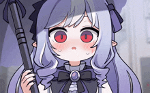 a girl with purple hair and red eyes is holding a black umbrella