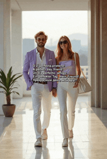 a man in a purple jacket is walking with a woman