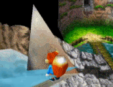 a cartoon character in a video game is standing on a rock