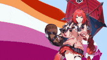 a girl with red hair is holding an umbrella in front of a rainbow flag