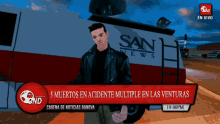 a man is standing in front of a san news truck