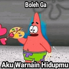 patrick star from spongebob squarepants is holding a palette and a heart in his hand .