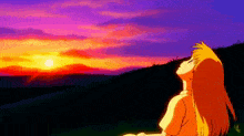 a cartoon girl is looking up at the sunset in a field .