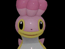 a close up of a cartoon character with a pink and yellow hat on a black background .