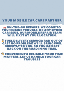 a poster for auto exotic fixing station advertising their mobile car care partners