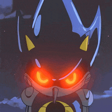a close up of a cartoon character 's face with glowing red eyes