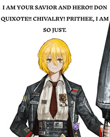 a girl with yellow hair is holding a large sword and says " i am your savior and hero " on the bottom