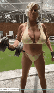a woman in a bikini and headphones is holding a dumbbell