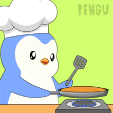 a penguin in a chef 's hat is cooking a pancake