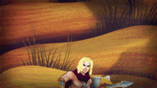 a cartoon of a man holding a sword and shield in the desert