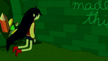 a cartoon of a girl and a monster with the word bubbles written on the wall behind them