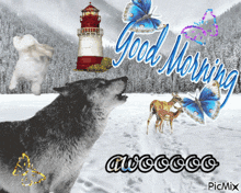 a wolf is howling in the snow with a lighthouse in the background
