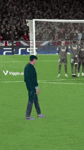 a man is walking on a soccer field with a viggle.ai logo in the corner