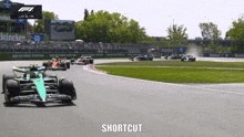 a group of racing cars are on a track and the word shortcut is on the bottom right