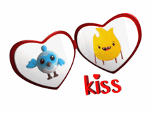 a pair of heart shaped glasses with a blue bird and a yellow fish and the word kiss below them