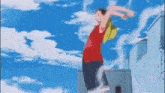 a man in a red shirt is standing in front of a cloudy sky