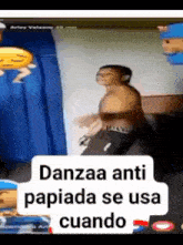 a man is dancing in front of a blue curtain with the words danzaa anti papiada se usa cuando below him