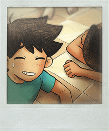 a cartoon drawing of a boy laying on the floor smiling