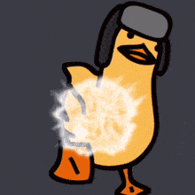 a cartoon of a duck wearing a hat and gloves with steam coming out of its feet