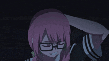 a girl with pink hair is wearing glasses and a black and white shirt