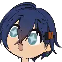 a pixel art drawing of a person 's head with blue hair and blue eyes