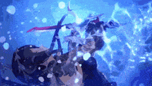 a blue background with a sword in the water