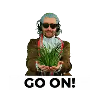 a man is holding a plant with the words touch it below it