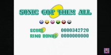 a video game screen says sonic got them all and has a score and ring bonus